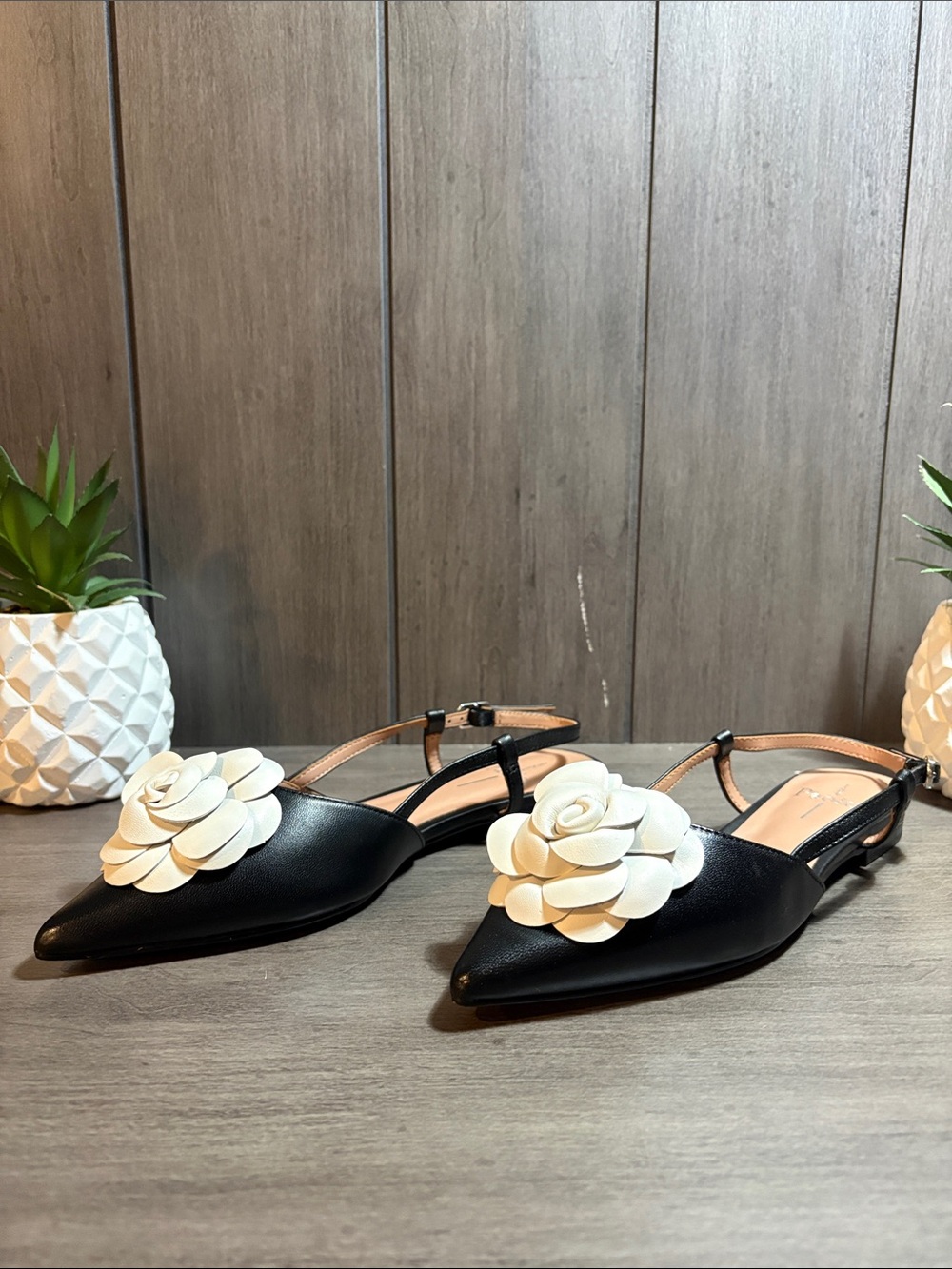 Paolo Black Pointed Slingback Flats with White Flower Applique